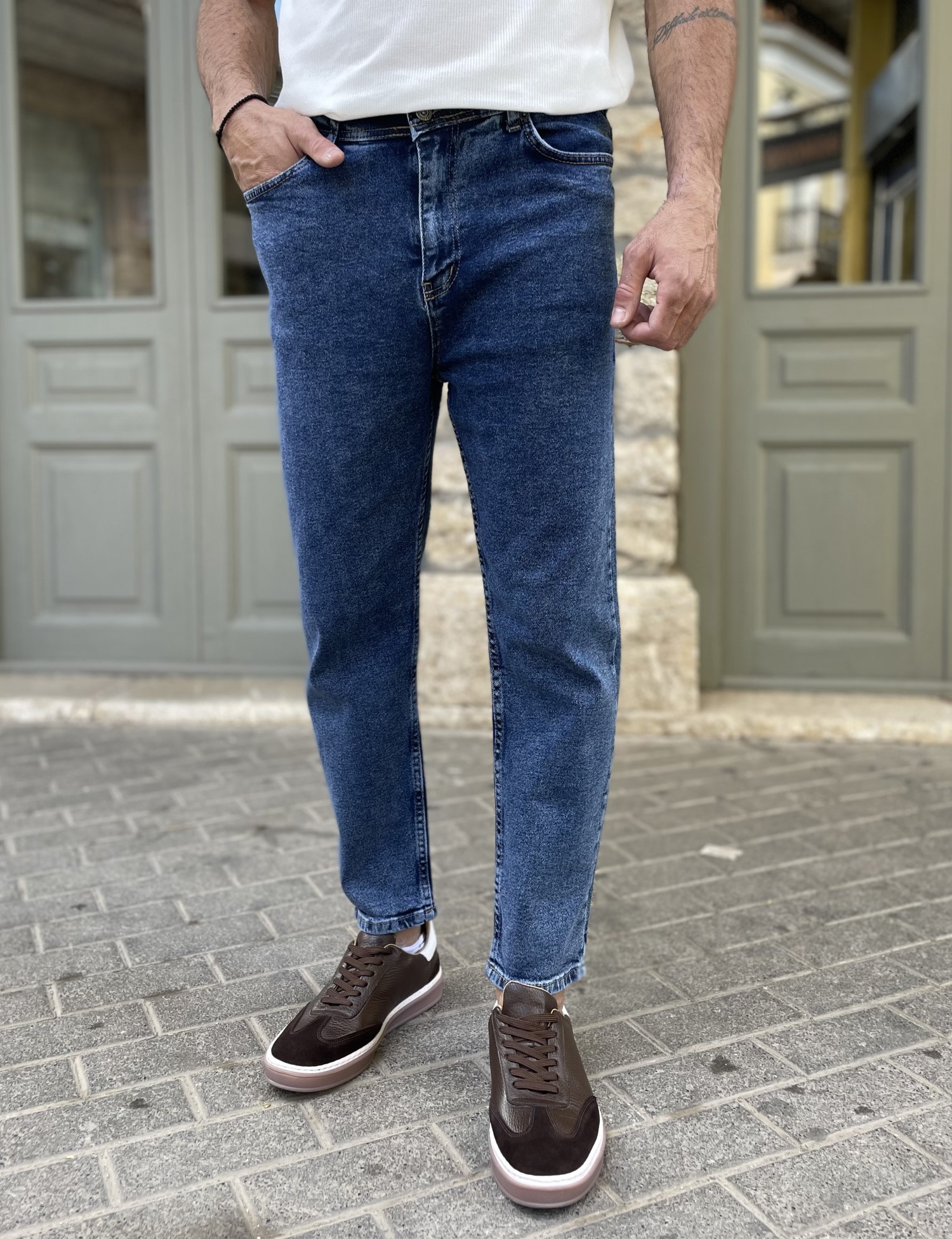 G8 Ανδρικό μπλε σκούρο Loose τζιν ελαστικό πεντάτσεπο με φερμουάρ 8948